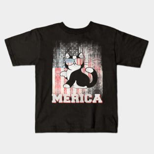 Cat Merica American Flag Patriot 4th Of July Kids T-Shirt